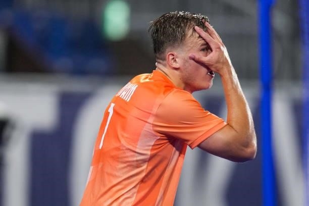 Thijs van Dam of the Netherlands reacts competing on Men's Pool B during the Tokyo 2020 Olympic Games at the Oi Hockey Stadium on July 30, 2021 in...