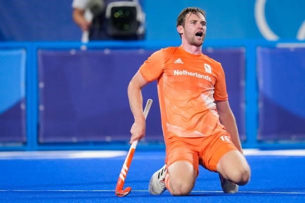 Mirco Pruijser of the Netherlands with an injury while competing on Men's Pool B during the Tokyo 2020 Olympic Games at the Oi Hockey Stadium on July...