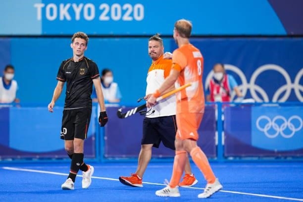 Coach Max Caldas of the Netherlands dissapointed while competing on Men's Pool B during the Tokyo 2020 Olympic Games at the Oi Hockey Stadium on July...