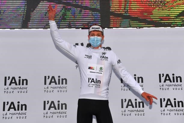 Georg Steinhauser of Germany and Team Germany - U23 White Best Young Rider Jersey celebrates at podium during the 33rd Tour de l'Ain 2021, Stage 2 a...