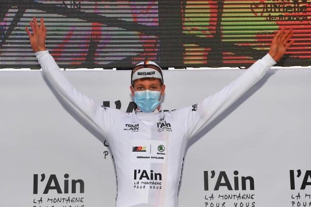 Georg Steinhauser of Germany and Team Germany - U23 White Best Young Rider Jersey celebrates at podium during the 33rd Tour de l'Ain 2021, Stage 2 a...