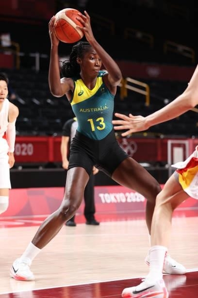 Ezi Magbegor of Team Australia drives to the basket China during the second half of a Women's Basketball Preliminary Round Group C game on day seven...