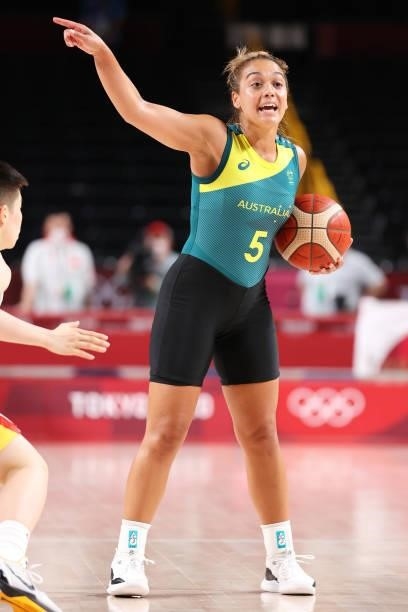 Leilani Mitchell of Team Australia sets up the offense during the second half of Australia's Women's Basketball Preliminary Round Group C game...