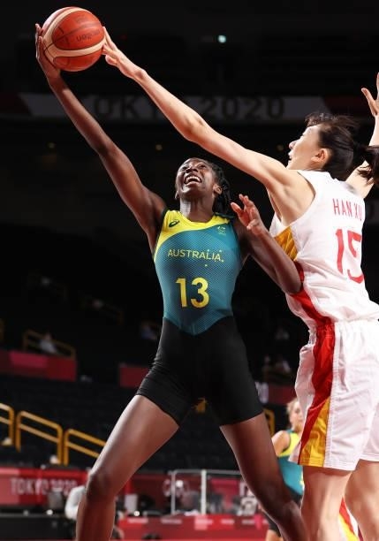Xu Han of Team China blocks a shot by Ezi Magbegor of Team Australia during the second half of a Women's Basketball Preliminary Round Group C game on...