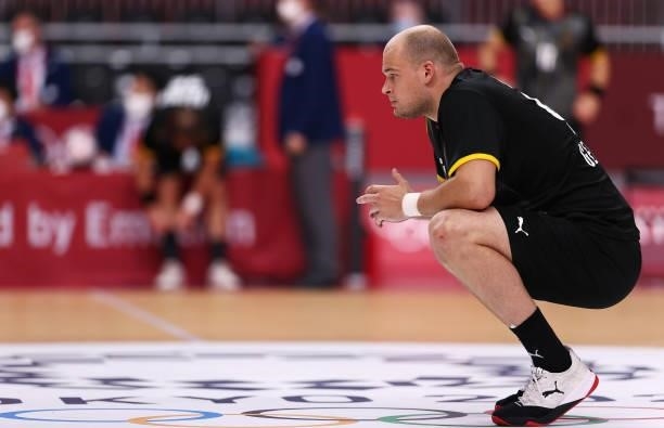 Paul Drux of Team Germany looks on during the Men's Preliminary Round Group A handball match between Germany and Norway on day seven of the Tokyo...