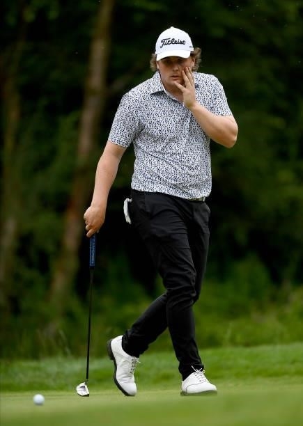 James Sugrue of Ireland reacts after his putt on the 17th green during Day Two of The ISPS HANDA World Invitational at Galgorm Spa & Golf Resort on...
