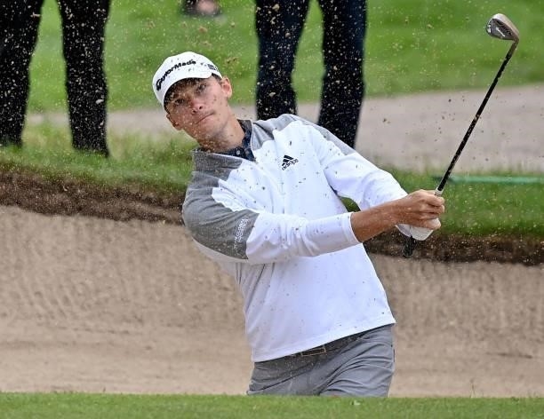 Nicolai Højgaard of Denmark plays from a green side bunker on the 5th hole during Day Two of The ISPS HANDA World Invitational at Galgorm Spa & Golf...