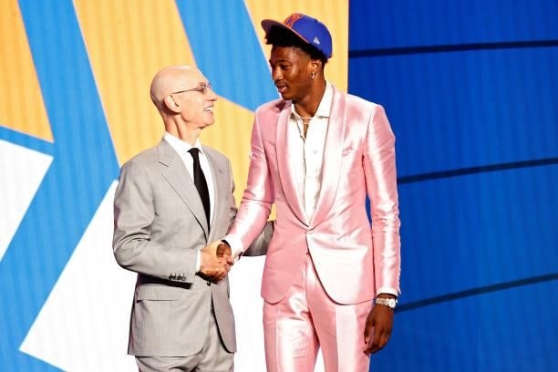 Commissioner Adam Silver and Kai Jones shake hands after Jones was drafted by the New York Knicks during the 2021 NBA Draft at the Barclays Center on...