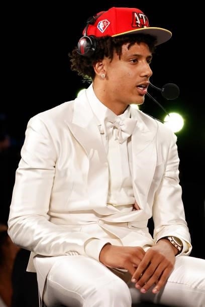 Jalen Johnson is interviewed after being drafted by the Atlanta Hawks during the 2021 NBA Draft at the Barclays Center on July 29, 2021 in New York...