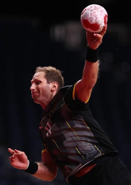 Steffen Weinhold of Team Germany shoots at goal during the Men's Preliminary Round Group A handball match between Germany and Norway on day seven of...
