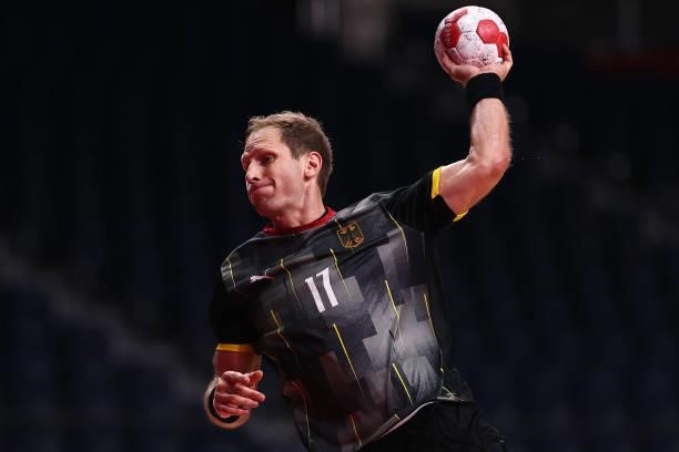 Steffen Weinhold of Team Germany shoots at goal during the Men's Preliminary Round Group A handball match between Germany and Norway on day seven of...
