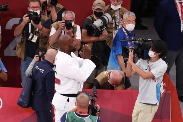 Teddy Riner of Team France celebrate his victory during the Men’s Judo +100kg bronze final on day seven of the Tokyo 2020 Olympic Games at Nippon...