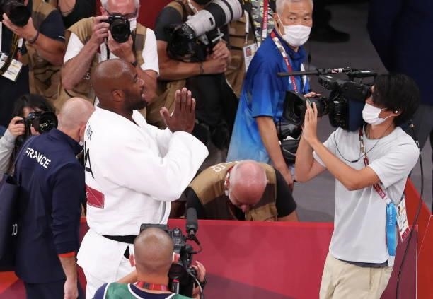Teddy Riner of Team France celebrate his victory during the Men’s Judo +100kg bronze final on day seven of the Tokyo 2020 Olympic Games at Nippon...