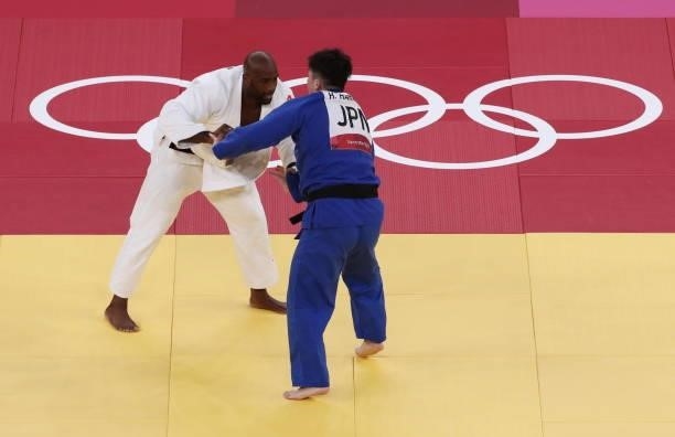 Teddy Riner of Team France in action during the Men’s Judo +100kg bronze final on day seven of the Tokyo 2020 Olympic Games at Nippon Budokan on July...