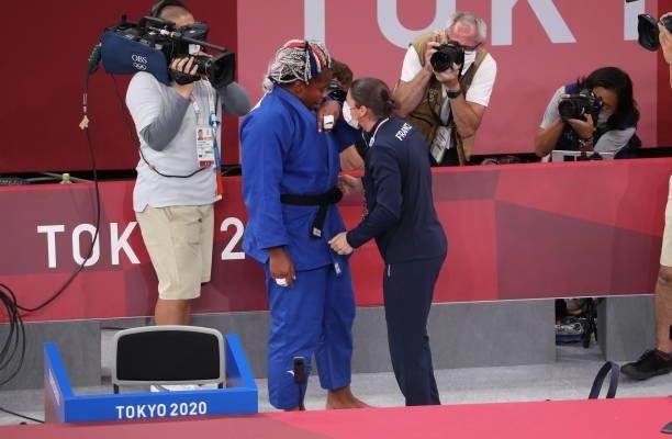 Romane Dicko of Team France celebrates her victory during the Men’s Judo +100kg bronze final on day seven of the Tokyo 2020 Olympic Games at Nippon...