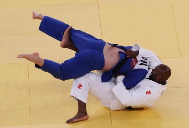 Teddy Riner of Team France in action during the Men’s Judo +100kg bronze final on day seven of the Tokyo 2020 Olympic Games at Nippon Budokan on July...