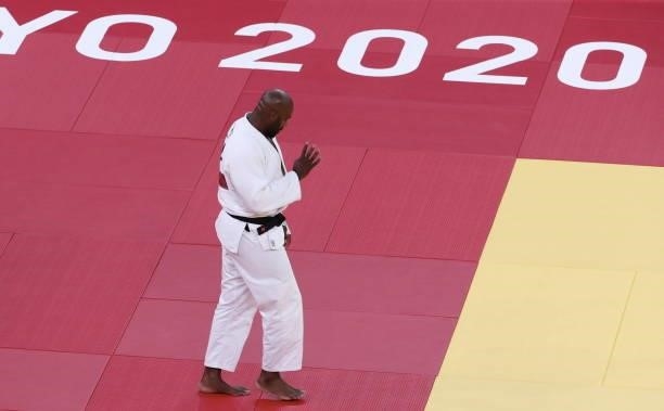 Teddy Riner of Team Francereacts after the Men’s Judo +100kg bronze final on day seven of the Tokyo 2020 Olympic Games at Nippon Budokan on July 30,...