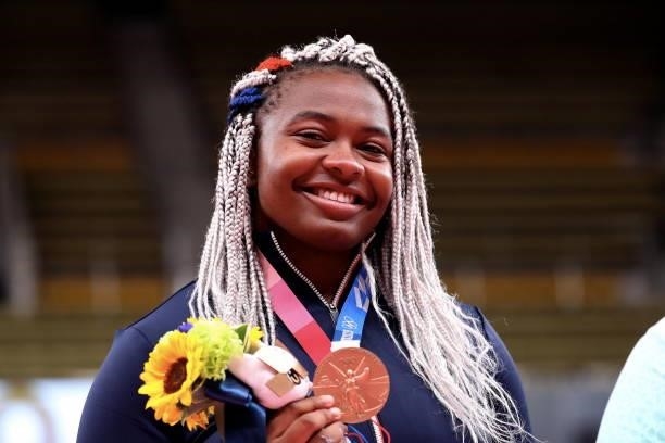 Romane Dicko of Team France poses with the bronze medal for the Women’s Judo +78kg event on day seven of the Tokyo 2020 Olympic Games at Nippon...