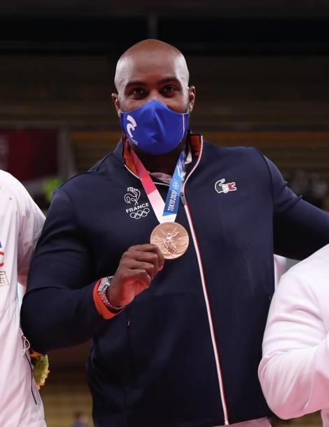 Teddy Riner of Team France celebrates his bronze medal in Men’s Judo +100kg on day seven of the Tokyo 2020 Olympic Games at Nippon Budokan on July...
