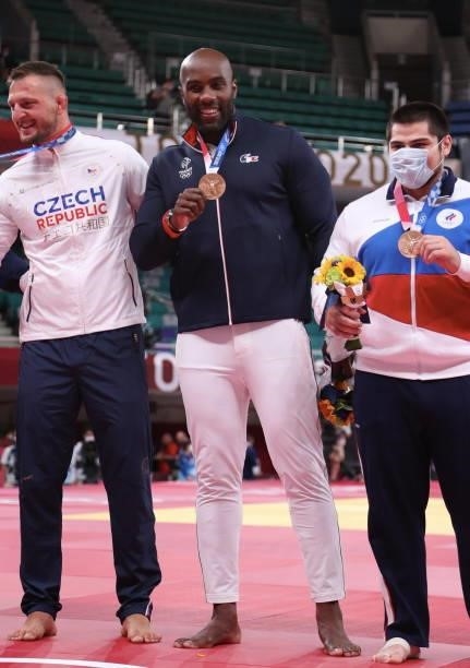 Teddy Riner of Team France celebrates his bronze medal in Men’s Judo +100kg on day seven of the Tokyo 2020 Olympic Games at Nippon Budokan on July...