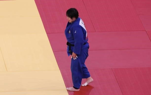 Akira Sone of Team Japan celebrates her victory during the Women’s Judo +78kg event on day seven of the Tokyo 2020 Olympic Games at Nippon Budokan on...