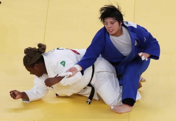 Akira Sone of Team Japan in action during the Women’s Judo +78kg with Idalys Ortiz of Team Cuba on day seven of the Tokyo 2020 Olympic Games at...
