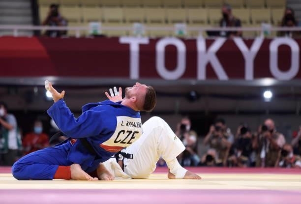 Lukas Krpalek of Team Czech Republic reacts after defeating Guram Tushishvili of Team Georgia in the final of the men's judo over 100-kilogram...