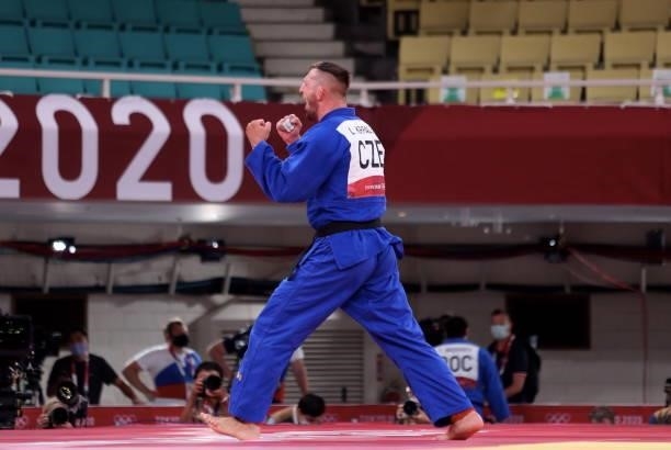 Lukas Krpalek of Team Czech Republic celebrates his victory during the final of the men's judo +100Kgs at the Tokyo Olympics on July 30 at Nippon...