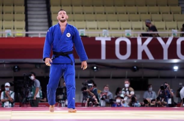 Lukas Krpalek of Team Czech Republic celebrates his victory during the final of the men's judo +100Kgs at the Tokyo Olympics on July 30 at Nippon...