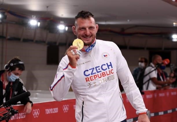 Lukas Krpalek of Team Czech Republic celebrates his gold medal of the men's judo +100Kgs at the Tokyo Olympics on July 30 at Nippon Budokan in Tokyo.
