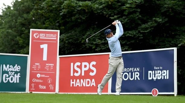Paul Dunne of Ireland on the 1st tee during Day Two of The ISPS HANDA World Invitational at Galgorm Spa & Golf Resort on July 30, 2021 in Ballymena,...