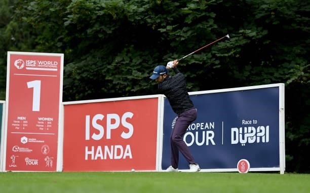 Joel Stalter of France on the 1st tee during Day Two of The ISPS HANDA World Invitational at Galgorm Spa & Golf Resort on July 30, 2021 in Ballymena,...
