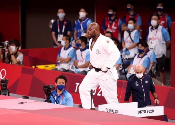 Teddy Riner of France before the Bronze Medal match for the +100kg category during day seven at the judo events of the Tokyo 2020 Olympic Games at...