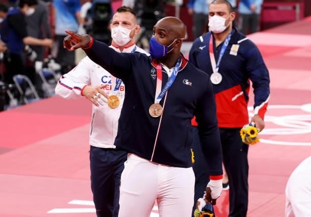 Bronze Medalist Teddy Riner, Gold Medalist Lukas Krpalek of Czech Republic during the medal ceremony for the +100kg category during day seven at the...