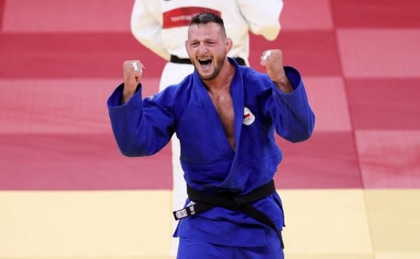 Lukas Krpalek of Czech Republic celebrates winning against Guram Tushishvili of Georgia in the Gold Medal match for the +100kg category during day...
