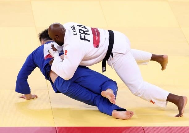 Teddy Riner vs Hisayoshi Harasawa of Japan , a match for the Bronze Medal of the +100kg category during day seven at the judo events of the Tokyo...
