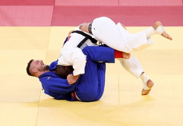Lukas Krpalek of Czech Republic wins the match on this action against Guram Tushishvili of Georgia , Gold Medal match for the +100kg category during...