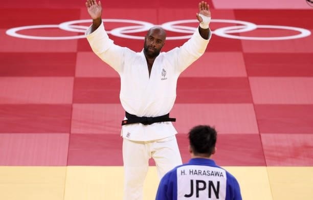 Teddy Riner celebrates his victory against Hisayoshi Harasawa of Japan , a match for the Bronze Medal of the +100kg category during day seven at the...