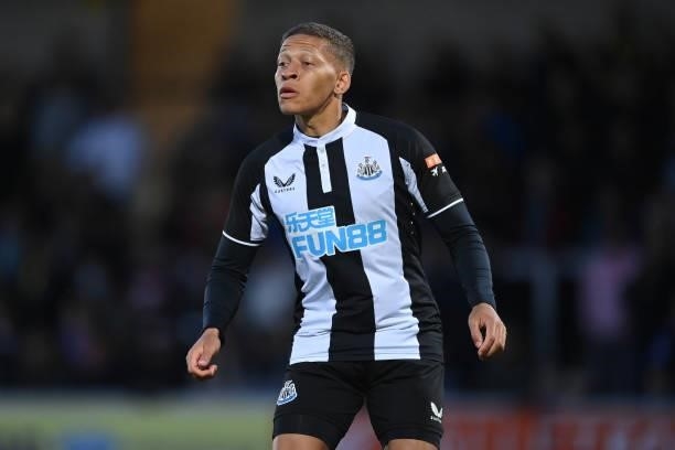 Dwight Gayle of Newcastle in action during the pre-season friendly between Burton Albion and Newcastle United at the Pirelli Stadium on July 30, 2021...