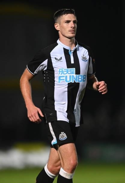 Ciaran Clark of Newcastle in action during the pre-season friendly between Burton Albion and Newcastle United at the Pirelli Stadium on July 30, 2021...