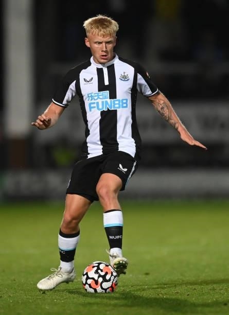 Jack Young of Newcastle in action during the pre-season friendly between Burton Albion and Newcastle United at the Pirelli Stadium on July 30, 2021...