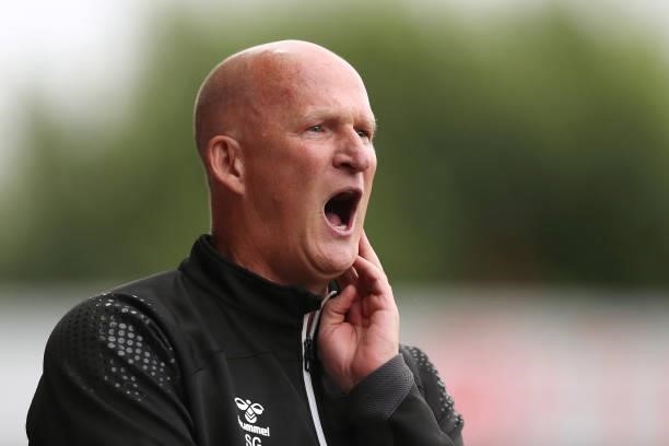 Simon Grayson, Manager of Fleetwood Town reacts during the Pre-Season Friendly match between Fleetwood Town and Leeds United at Highbury Stadium on...