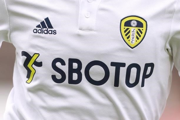 Detailed view of the Leeds United home shirt is seen during the Pre-Season Friendly match between Fleetwood Town and Leeds United at Highbury Stadium...