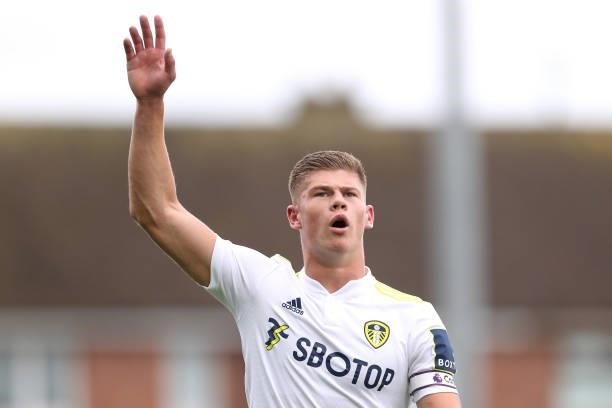 Charlie Cresswell of Leeds United gestures during the Pre-Season Friendly match between Fleetwood Town and Leeds United at Highbury Stadium on July...
