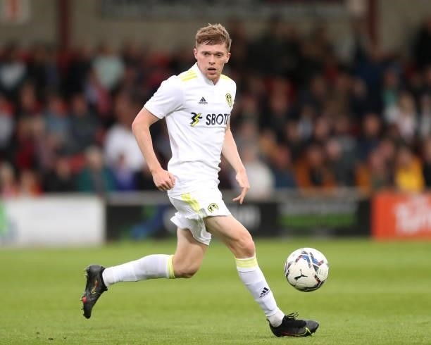 Jack Jenkins of Leeds United runs with the ball during the Pre-Season Friendly match between Fleetwood Town and Leeds United at Highbury Stadium on...