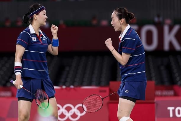 Lee Sohee and Shin Seungchan of Team South Korea react as they compete against Greysia Polii and Apriyani Rahayu of Team Indonesia during a Women’s...