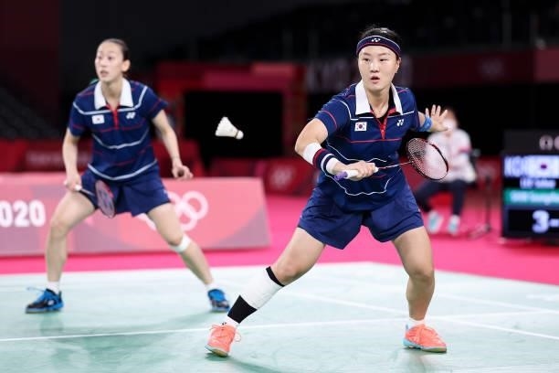 Lee Sohee and Shin Seungchan of Team South Korea compete against Greysia Polii and Apriyani Rahayu of Team Indonesia during a Women’s Doubles...