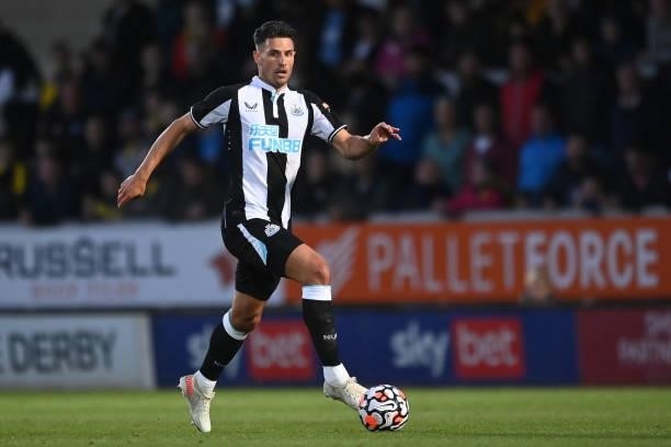 Fabian Schar of Newcastle in action during the pre-season friendly between Burton Albion and Newcastle United at the Pirelli Stadium on July 30, 2021...