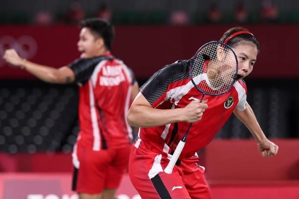 Greysia Polii and Apriyani Rahayu of Team Indonesia react as they compete against Lee Sohee and Shin Seungchan of Team South Korea during a Women’s...
