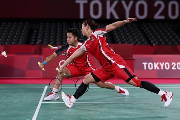 Greysia Polii and Apriyani Rahayu of Team Indonesia compete against Lee Sohee and Shin Seungchan of Team South Korea during a Women’s Doubles...
